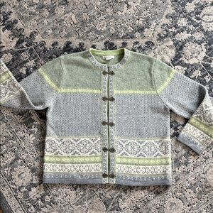 Susan Bristol Green Nordic Wool Knit Long Sleeve Cardigan Sweater Womens Size XL